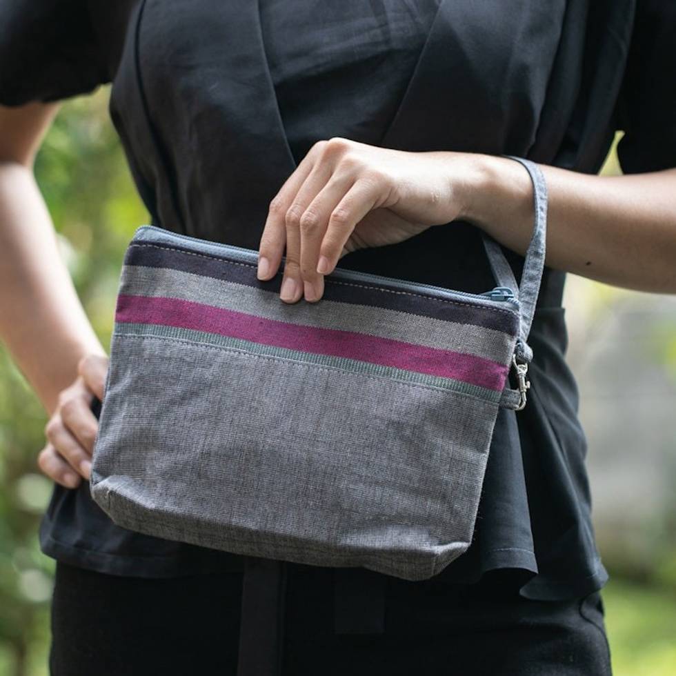 100 Cotton Striped Grey Clutch Interior Pocket Wristlet 'Lurik Parade Grey'