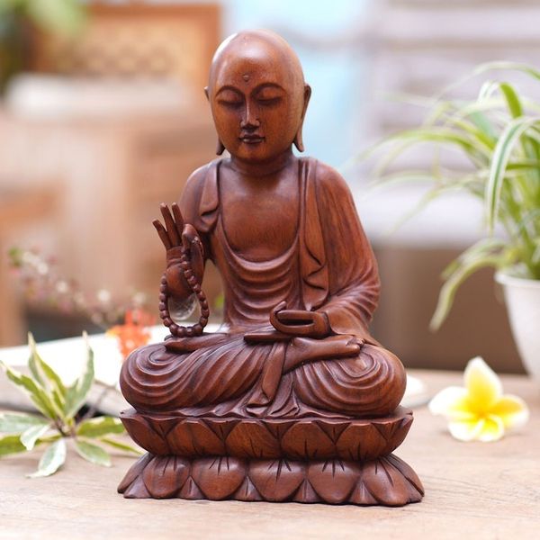 Alternate image for Handmade Suar Wood Buddha Sculpture Hand Carved in Bali Praying Buddha