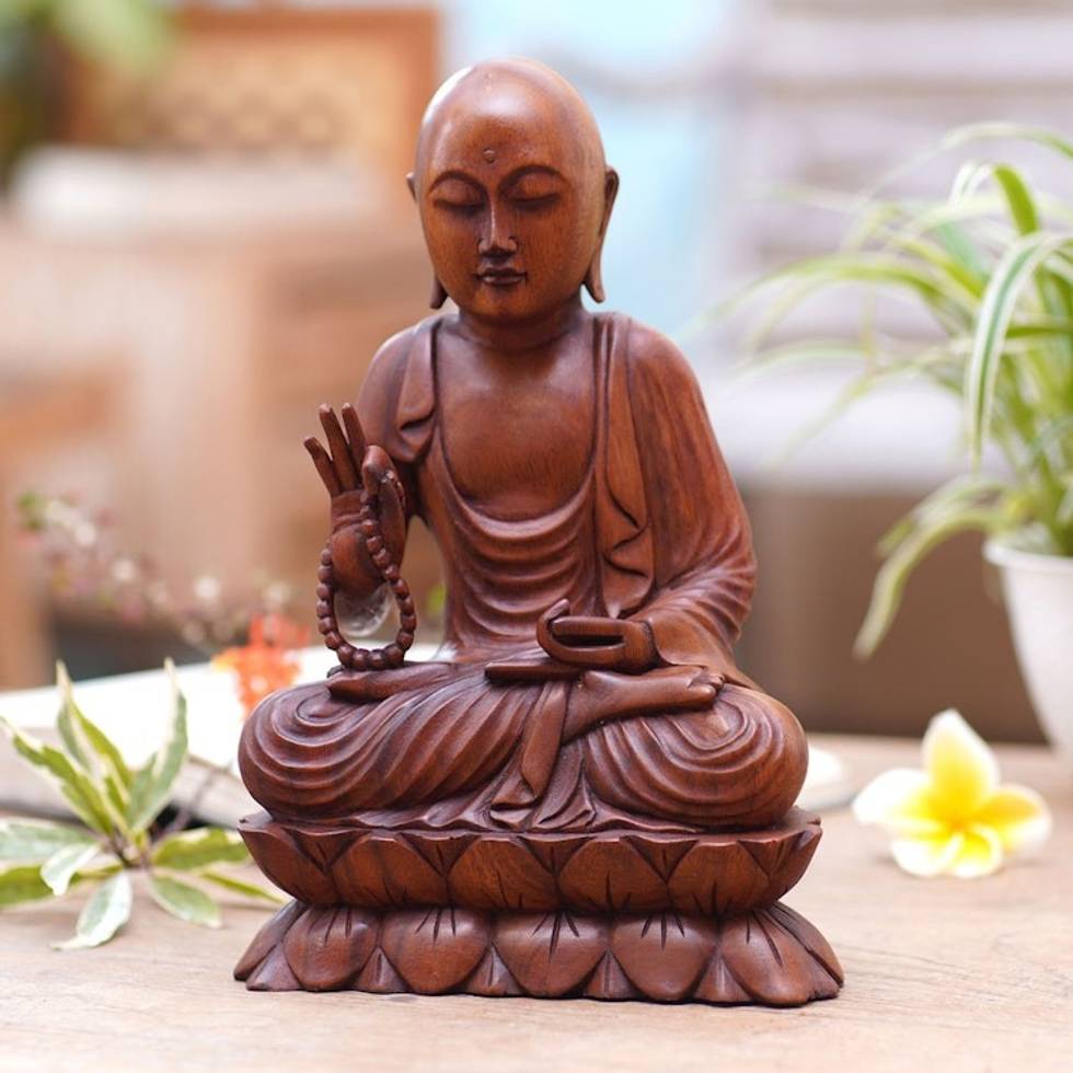 Handmade Suar Wood Buddha Sculpture Hand Carved in Bali 'Praying Buddha'