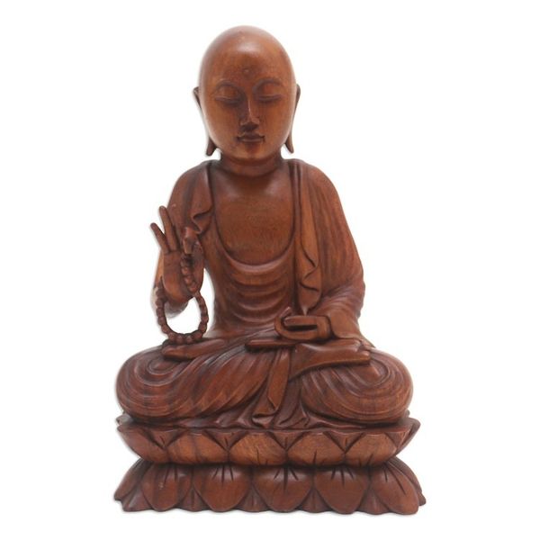Alternate image for Handmade Suar Wood Buddha Sculpture Hand Carved in Bali Praying Buddha