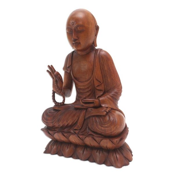 Alternate image for Handmade Suar Wood Buddha Sculpture Hand Carved in Bali Praying Buddha