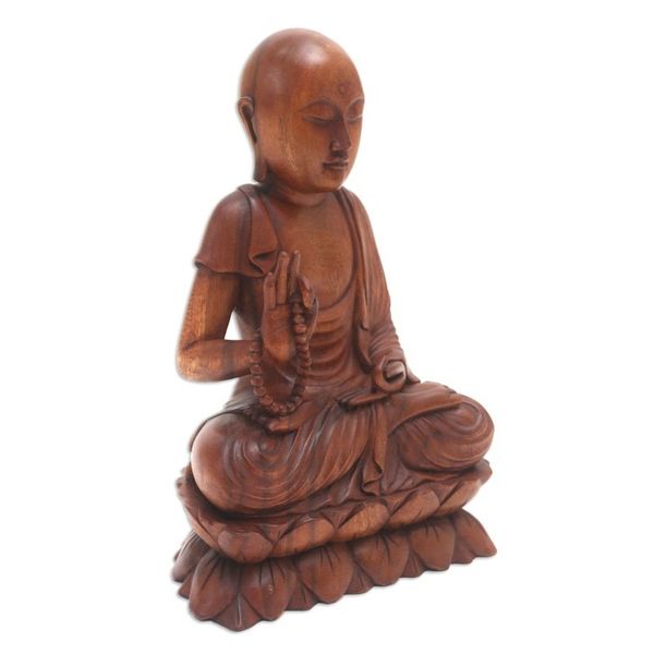 Alternate image for Handmade Suar Wood Buddha Sculpture Hand Carved in Bali Praying Buddha