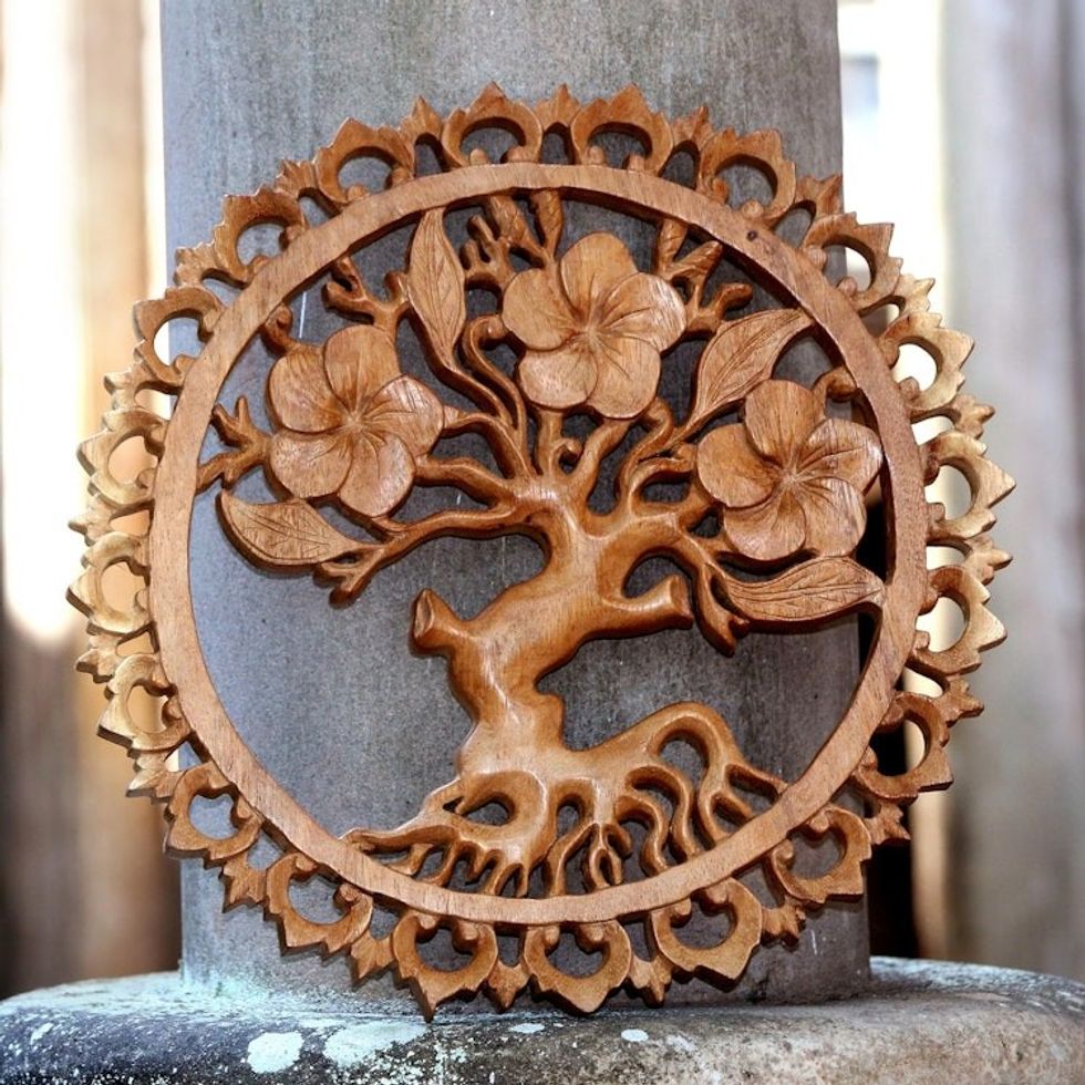 Plumeria Tree Hand-Carved Circular Wood Relief Wall Panel 'Jepun's Aura'