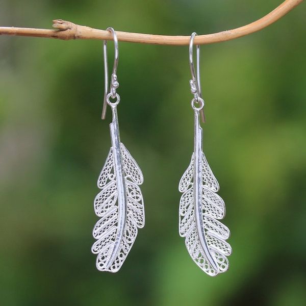 Alternate image for Sterling Silver Filigree Feather Dangle Earrings from Java Gleaming Feathers