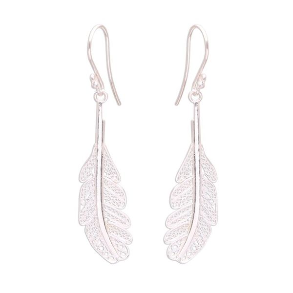 Alternate image for Sterling Silver Filigree Feather Dangle Earrings from Java Gleaming Feathers