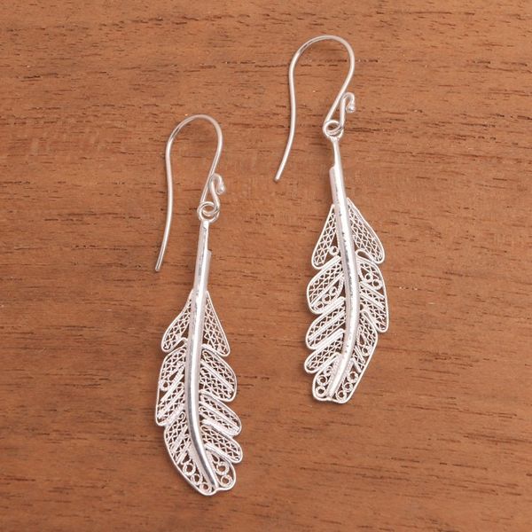 Alternate image for Sterling Silver Filigree Feather Dangle Earrings from Java Gleaming Feathers