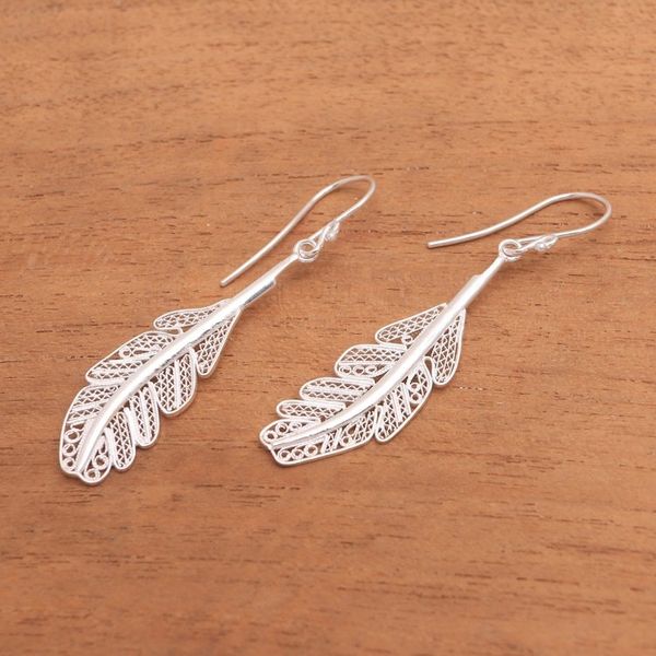 Alternate image for Sterling Silver Filigree Feather Dangle Earrings from Java Gleaming Feathers