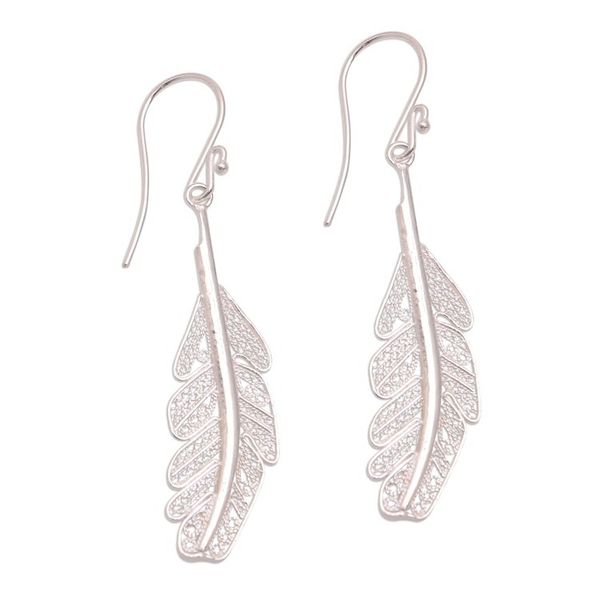 Alternate image for Sterling Silver Filigree Feather Dangle Earrings from Java Gleaming Feathers
