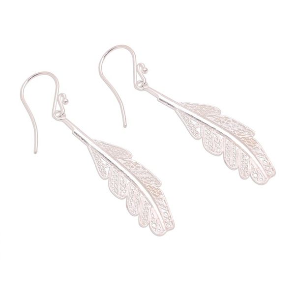 Alternate image for Sterling Silver Filigree Feather Dangle Earrings from Java Gleaming Feathers