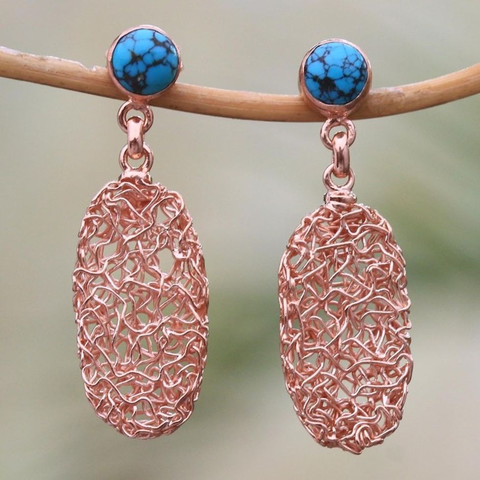 Oval Rose Gold Plated Magnesite Earrings from Bali 'Nested Ovals'
