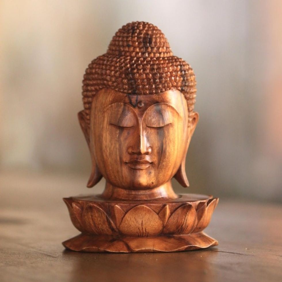 Wood Sculpture of Buddha's Head on a Lotus Flower from Bali 'Buddha and Lotus'
