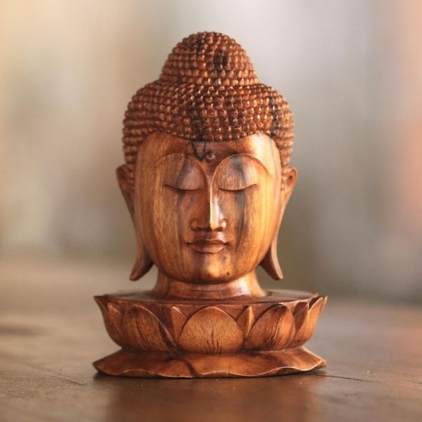 Alternate image for Wood Sculpture of Buddhas Head on a Lotus Flower from Bali Buddha and Lotus
