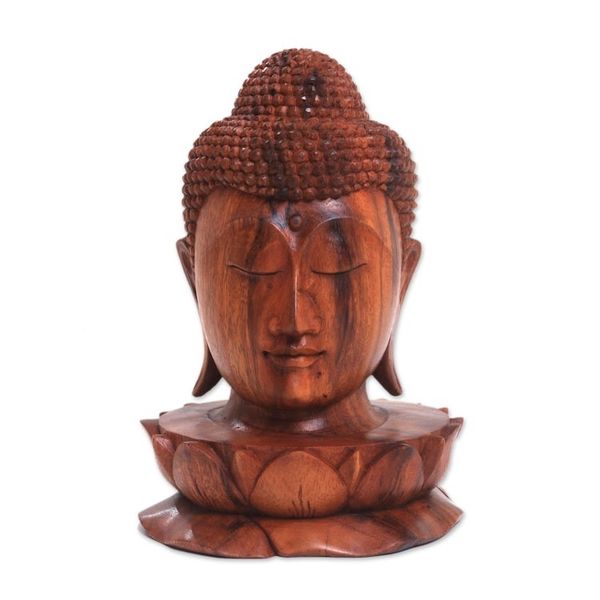 Alternate image for Wood Sculpture of Buddhas Head on a Lotus Flower from Bali Buddha and Lotus