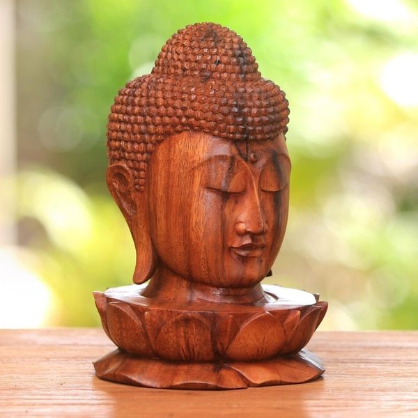 Alternate image for Wood Sculpture of Buddhas Head on a Lotus Flower from Bali Buddha and Lotus