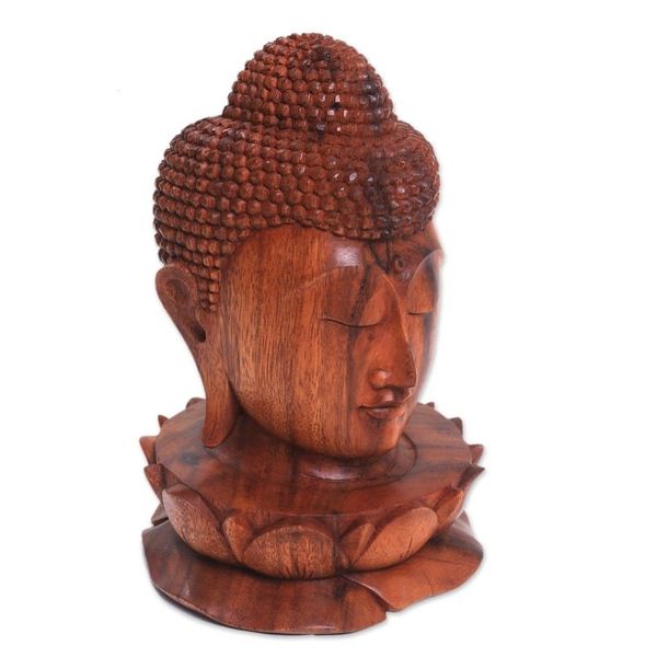 Alternate image for Wood Sculpture of Buddhas Head on a Lotus Flower from Bali Buddha and Lotus