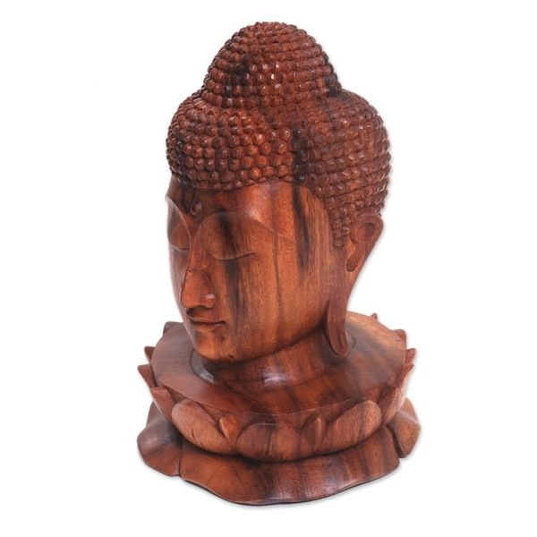 Alternate image for Wood Sculpture of Buddhas Head on a Lotus Flower from Bali Buddha and Lotus