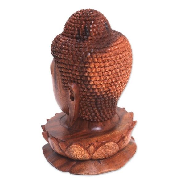 Alternate image for Wood Sculpture of Buddhas Head on a Lotus Flower from Bali Buddha and Lotus