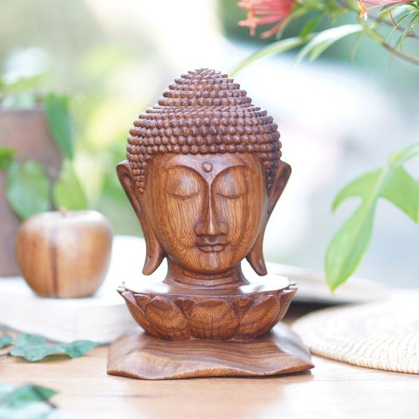 Alternate image for Wood Sculpture of Buddhas Head on a Lotus Flower from Bali Buddha and Lotus
