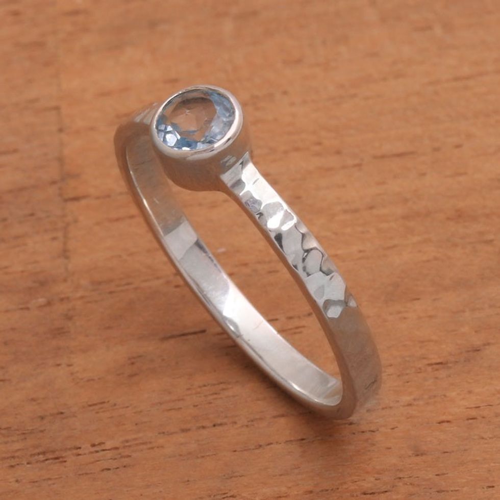 Blue Topaz and Hammered Sterling Silver Solitaire Ring 'Pretty Paradox'