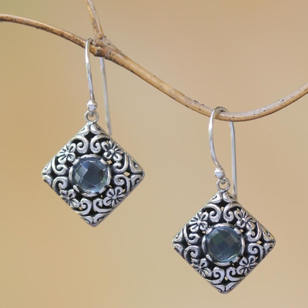 Sterling Silver Faceted Blue Topaz Floral Dangle Earrings 'Floral Tiles'