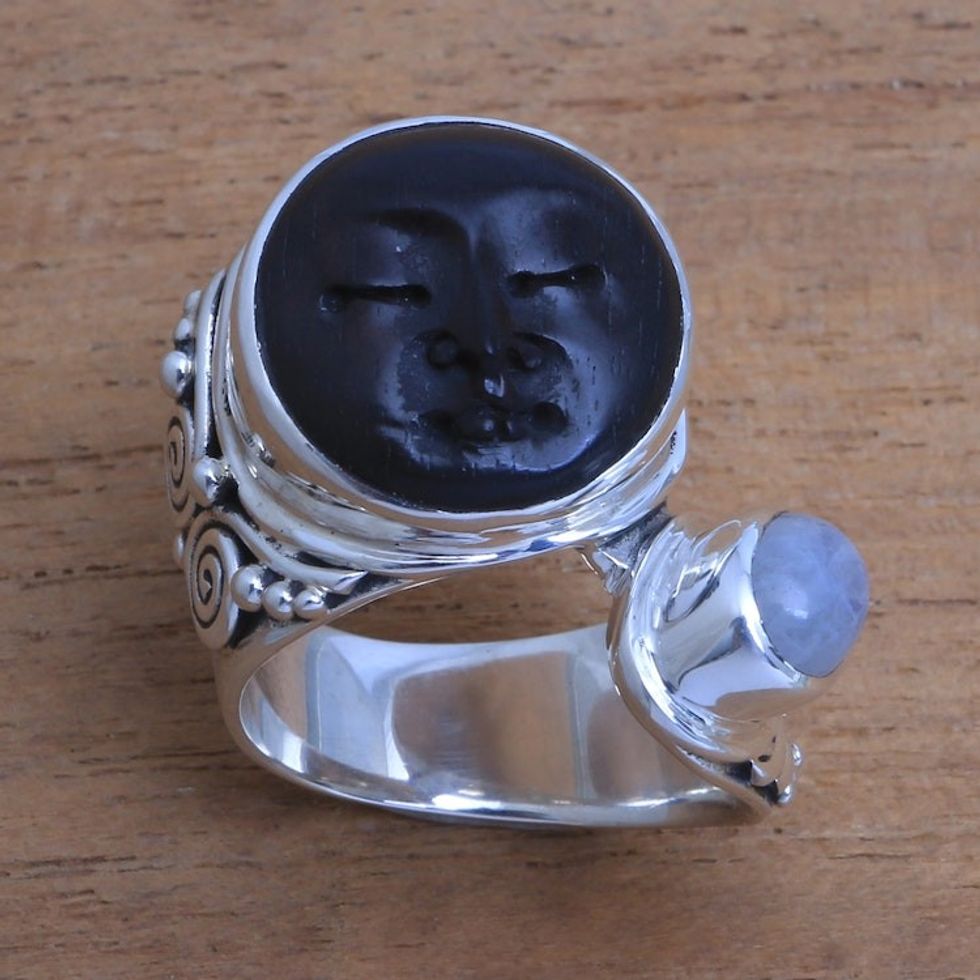 Bali Rainbow Moonstone and Ebony Wood Face Cocktail Ring 'Night Face'