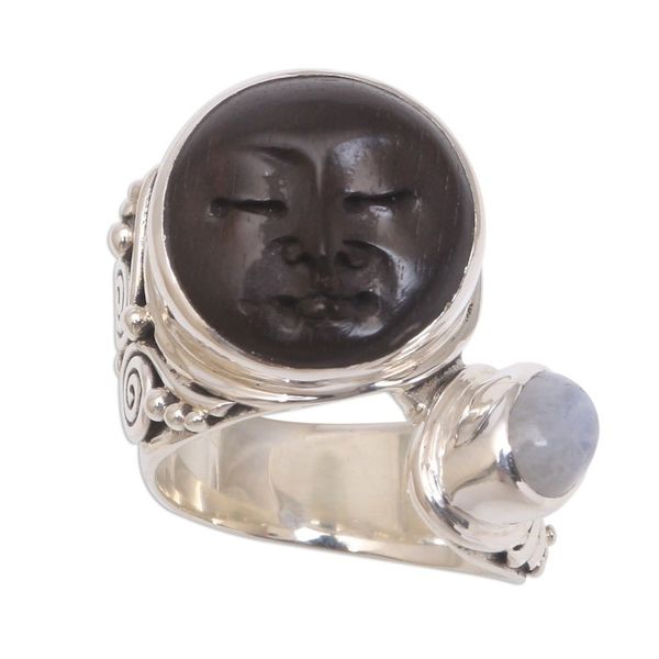 Alternate image for Bali Rainbow Moonstone and Ebony Wood Face Cocktail Ring Night Face
