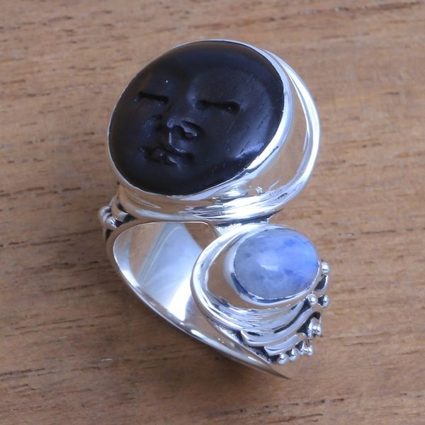 Alternate image for Bali Rainbow Moonstone and Ebony Wood Face Cocktail Ring Night Face