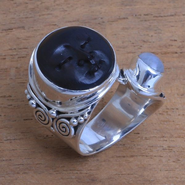 Alternate image for Bali Rainbow Moonstone and Ebony Wood Face Cocktail Ring Night Face