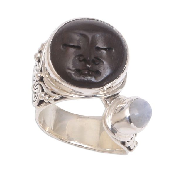 Alternate image for Bali Rainbow Moonstone and Ebony Wood Face Cocktail Ring Night Face