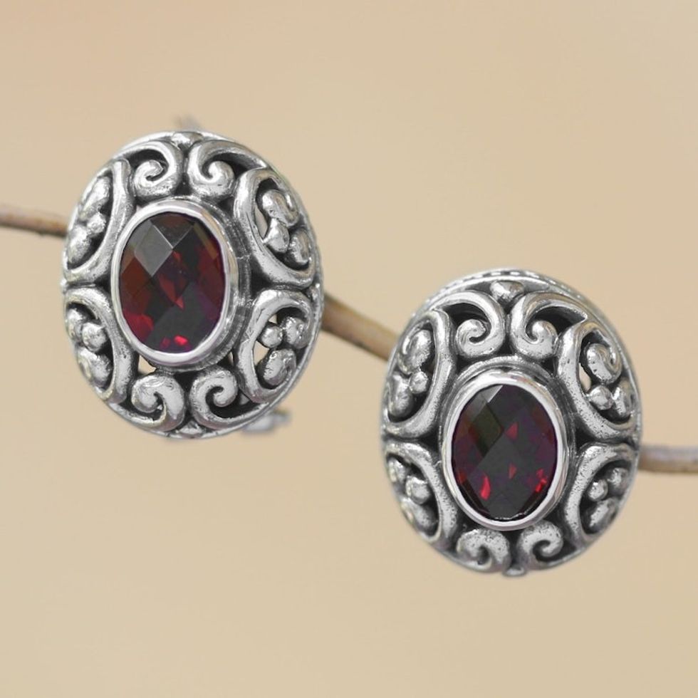 Sterling Silver Faceted Garnet Button Earrings from Bali 'Deep Allure'
