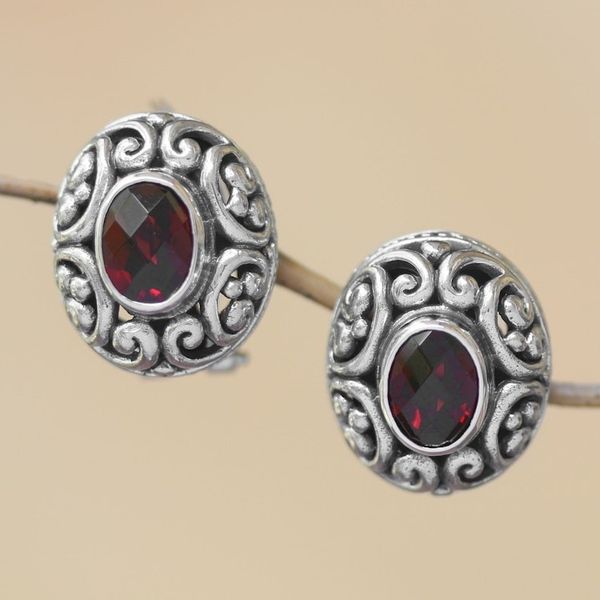 Alternate image for Sterling Silver Faceted Garnet Button Earrings from Bali Deep Allure
