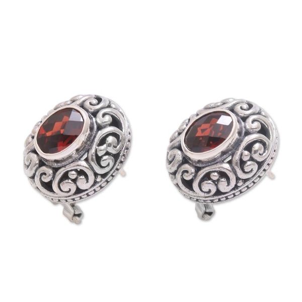 Alternate image for Sterling Silver Faceted Garnet Button Earrings from Bali Deep Allure