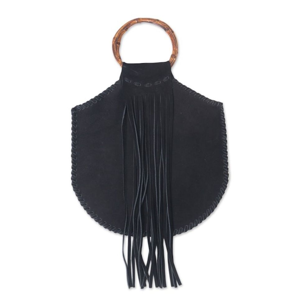 Balinese Black Suede and Bamboo Handle Handbag with Fringe 'Endeavor in Onyx'