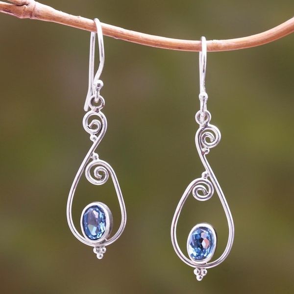 Alternate image for Spiral Pattern Blue Topaz Dangle Earrings from Bali Tegalalang Elegance