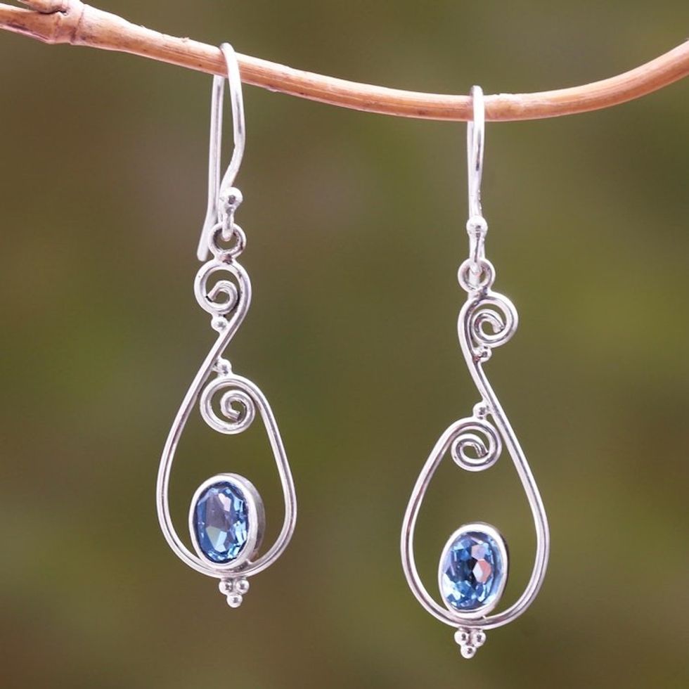 Spiral Pattern Blue Topaz Dangle Earrings from Bali 'Tegalalang Elegance'