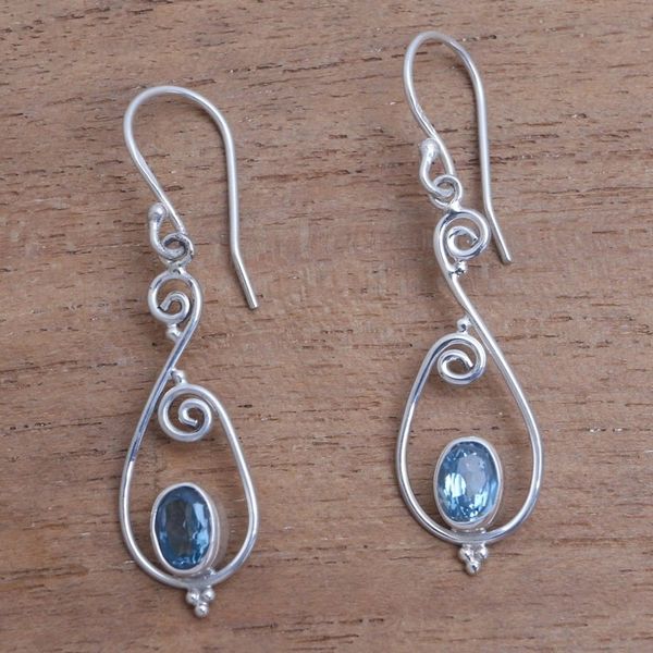 Alternate image for Spiral Pattern Blue Topaz Dangle Earrings from Bali Tegalalang Elegance