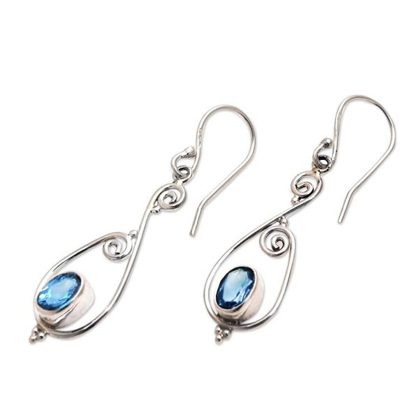 Alternate image for Spiral Pattern Blue Topaz Dangle Earrings from Bali Tegalalang Elegance