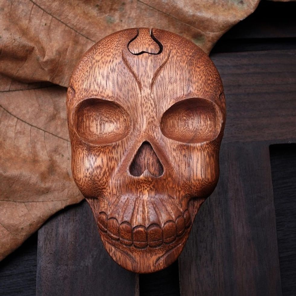 Suar Wood Skull Puzzle Box Crafted in Bali 'Skull Keeper'