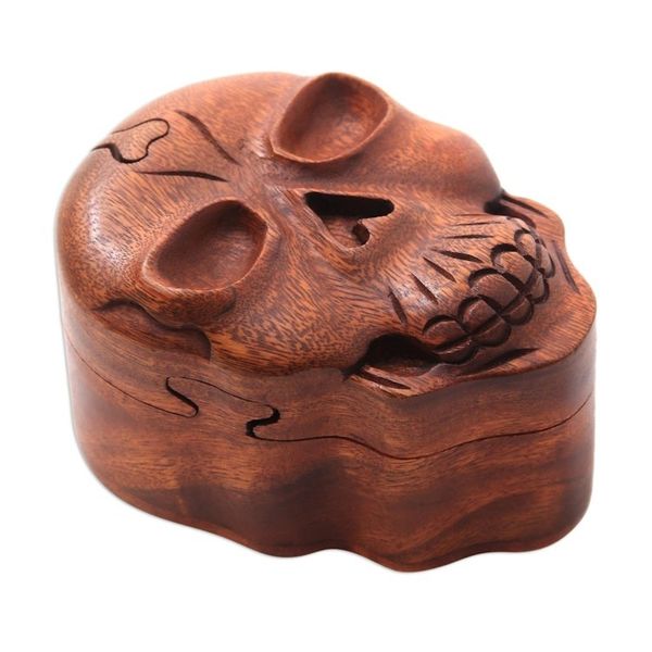 Alternate image for Suar Wood Skull Puzzle Box Crafted in Bali Skull Keeper