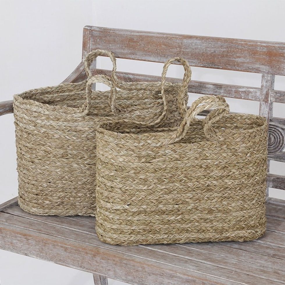 Hand Woven Panadanus Leaf Tote Bags or Baskets Pair 'Rustic Essentials'