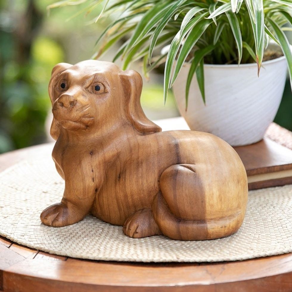 Suar Wood Sculpture of a Relaxing Dog from Bali 'Relaxing Pup'