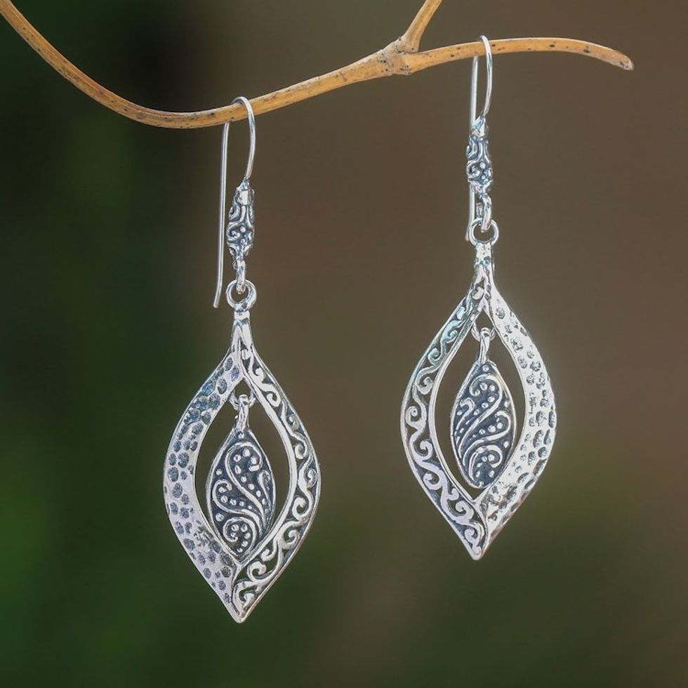 Artisan Crafted Sterling Silver Dangle Earrings from Bali 'Baby Leaves'
