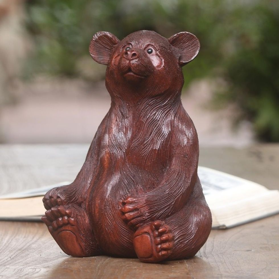 Hand-Carved Suar Wood Bear Sculpture from Bali 'Fuzzy Bear'