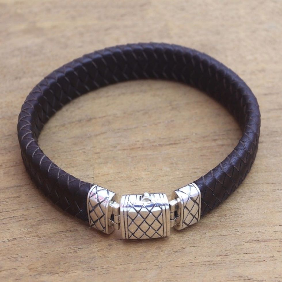 Men's Sterling Silver Braided Wristband Bracelet in Brown 'Woven Pattern'