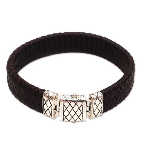 Alternate image for Mens Sterling Silver Braided Wristband Bracelet in Brown Woven Pattern