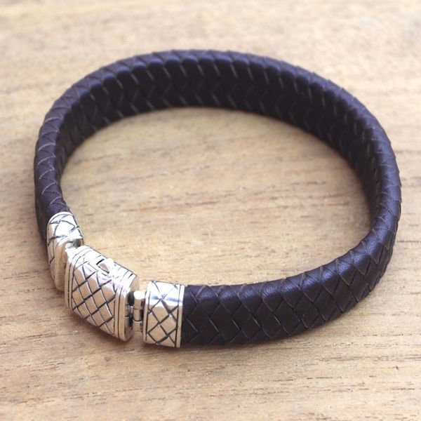 Alternate image for Mens Sterling Silver Braided Wristband Bracelet in Brown Woven Pattern