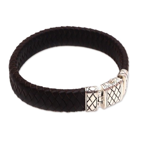 Alternate image for Mens Sterling Silver Braided Wristband Bracelet in Brown Woven Pattern