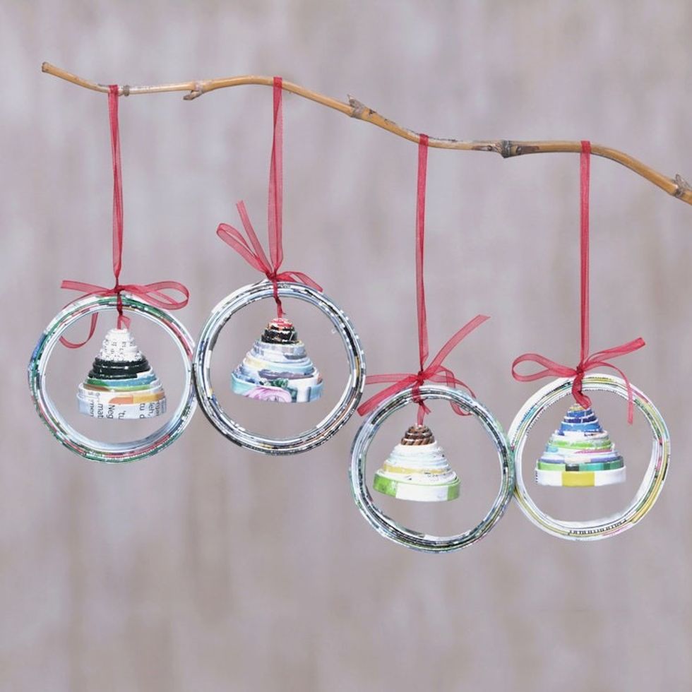 Recycled Magazine Bell-Shaped Holiday Ornaments Set of 4 'Noel Bells'