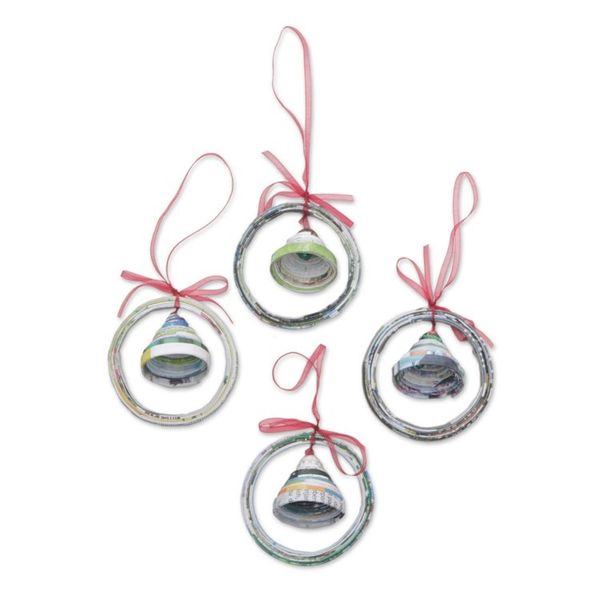 Alternate image for Recycled Magazine Bell-Shaped Holiday Ornaments Set of 4 Noel Bells