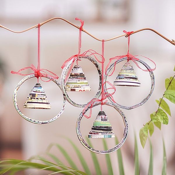 Alternate image for Recycled Magazine Bell-Shaped Holiday Ornaments Set of 4 Noel Bells